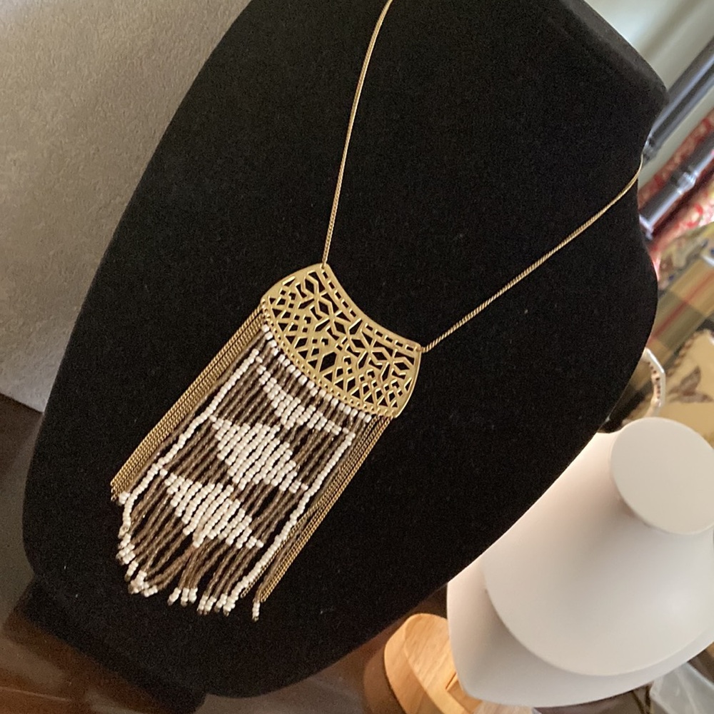 Nichole Miller Gold-Tone Boho Fringe Beaded Necklace with White and Brown Beads